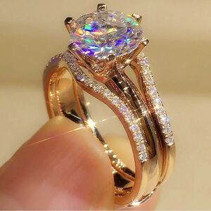 NWT RADIANT CUT round solitaire rose gold wedding band set w faux diamonds